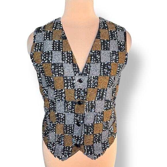 Vintage Effeci Beaded Sequin Checkered Vest Metallic Gold Silver Black Small - Picture 3 of 10
